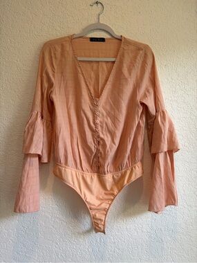 Ella Blue Peach Ruffle-Sleeve Button Front Bodysuit